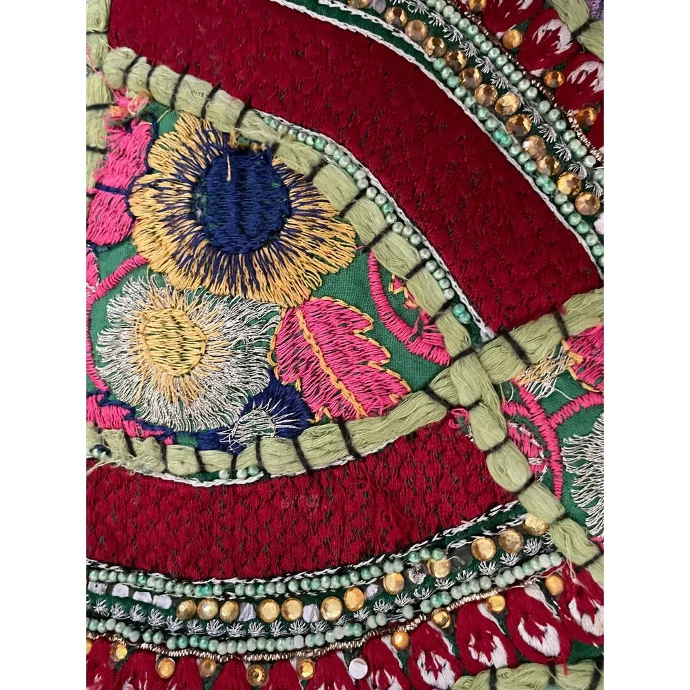 4 Handmade Indian Round Sari Patchwork Tassel Pillows 16